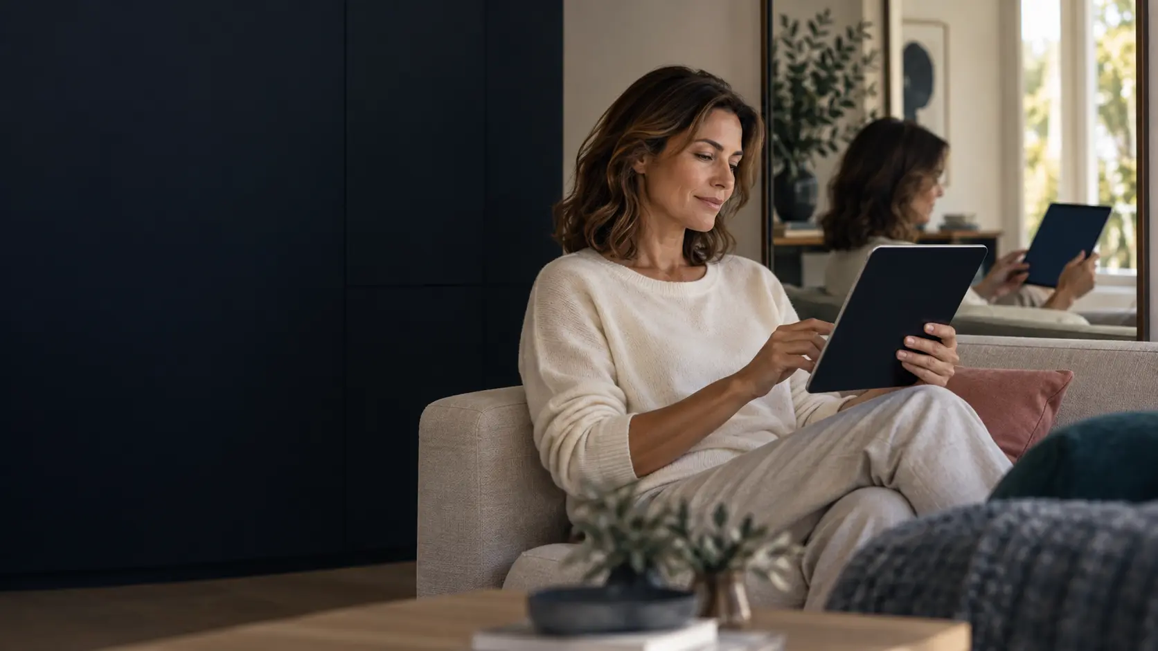 An illustrative woman using a tablet at home, reflected in a nearby mirror.